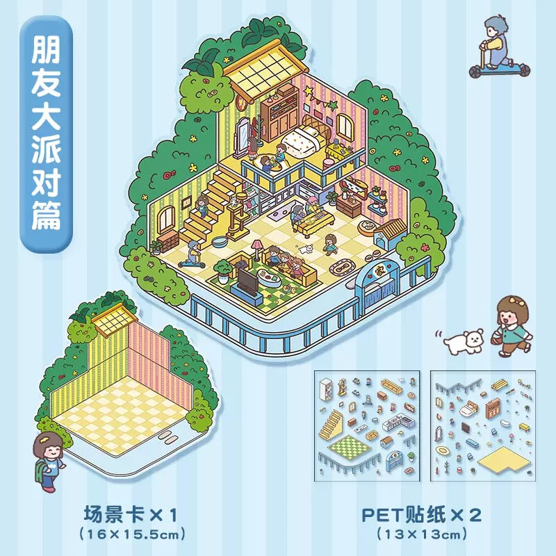 DIY 3D House Stickers, 3D Scene Stickers, Simulated Cabin Scene Stickers Large Version, Cute Cartoon Scenery Stickers for Adults and Kids