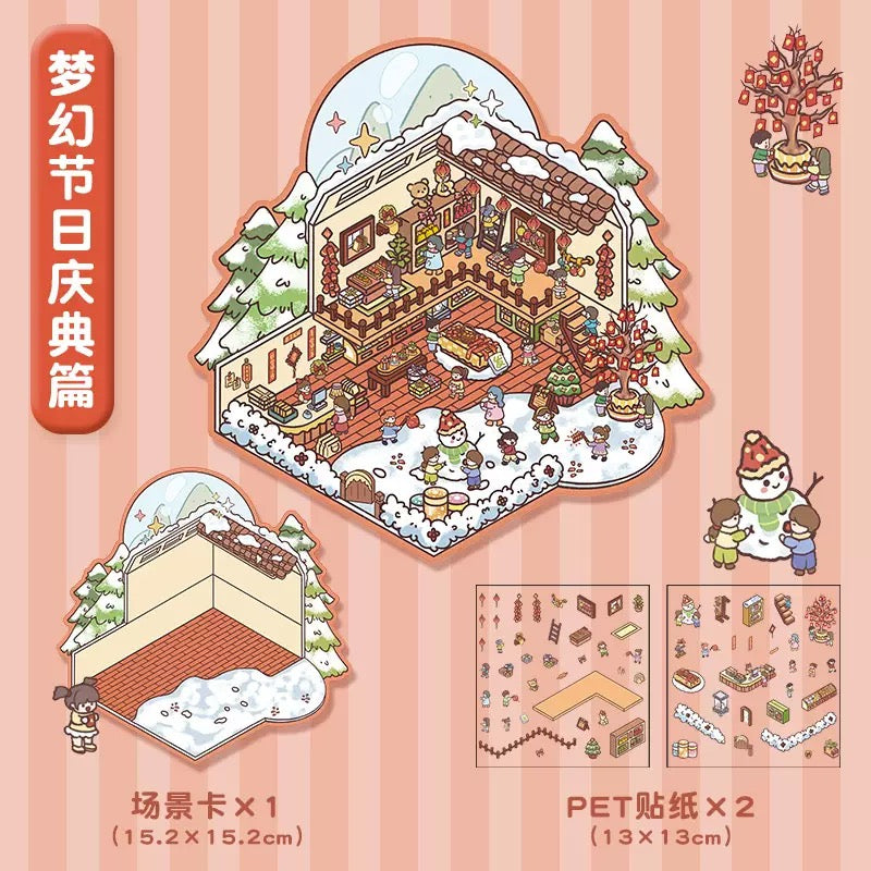 DIY 3D House Stickers, 3D Scene Stickers, Simulated Cabin Scene Stickers Large Version, Cute Cartoon Scenery Stickers for Adults and Kids