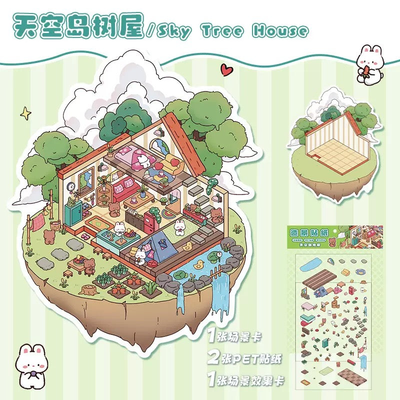 DIY 3D House Stickers, 3D Scene Stickers, Simulated Cabin Scene Stickers Large Version, Cute Cartoon Scenery Stickers for Adults and Kids